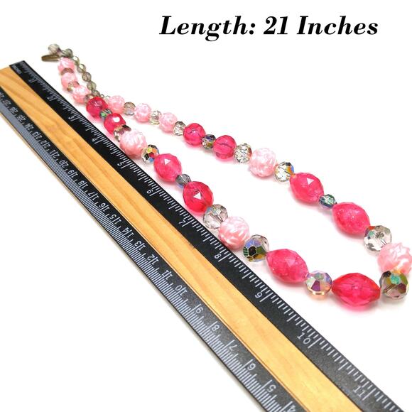 Vintage Pink Lucite Crystal Beaded Necklace, Aurora Borealis, Molded Beads - Picture 4 of 10